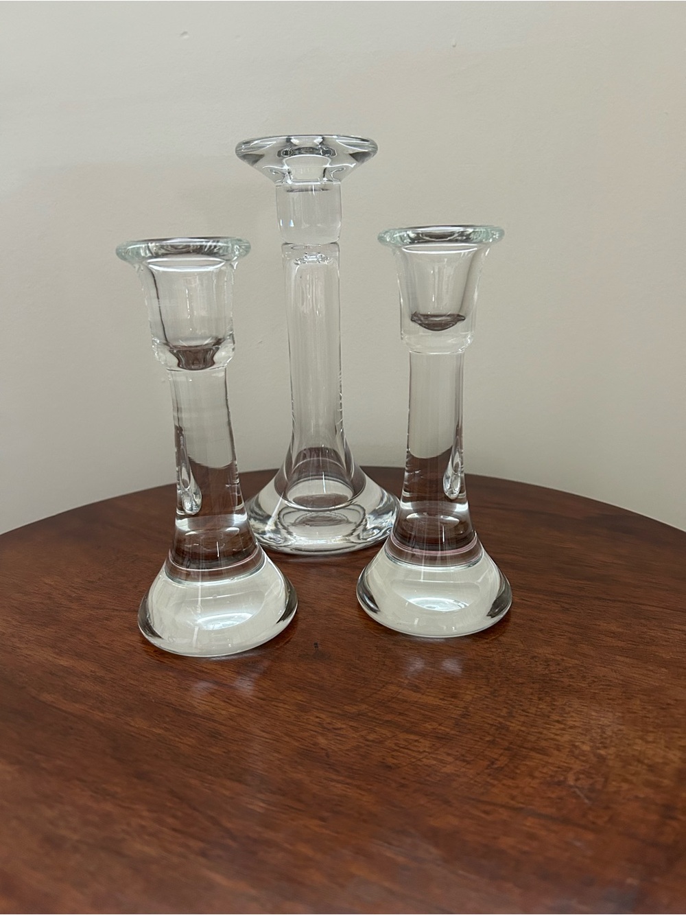 3 Crate & Barrel Clear Glass Candle Stick holders, Heavy Percect